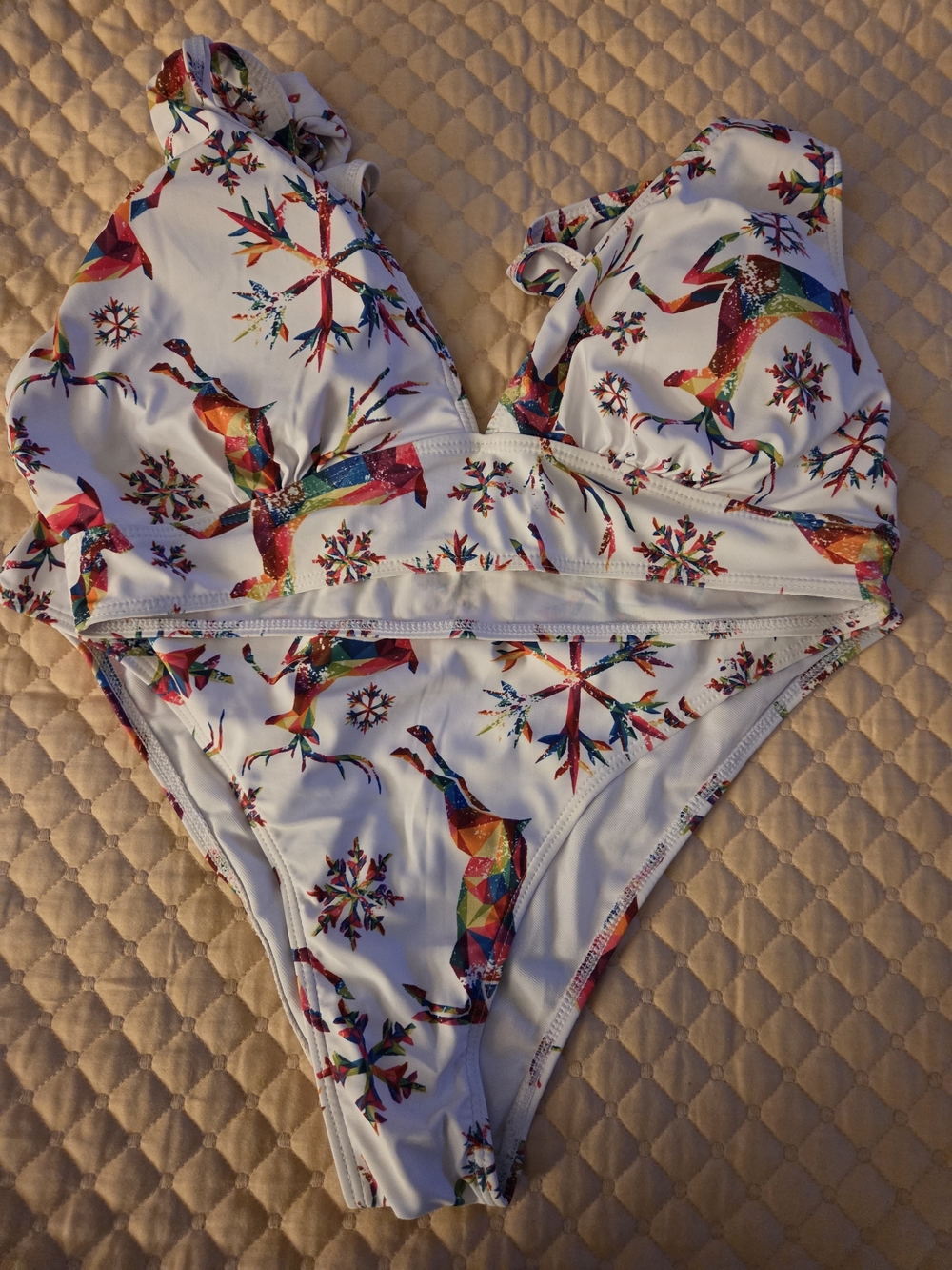 White Two-Piece Bikini with Multicolor Geometric Reindeer & Snowflake Print